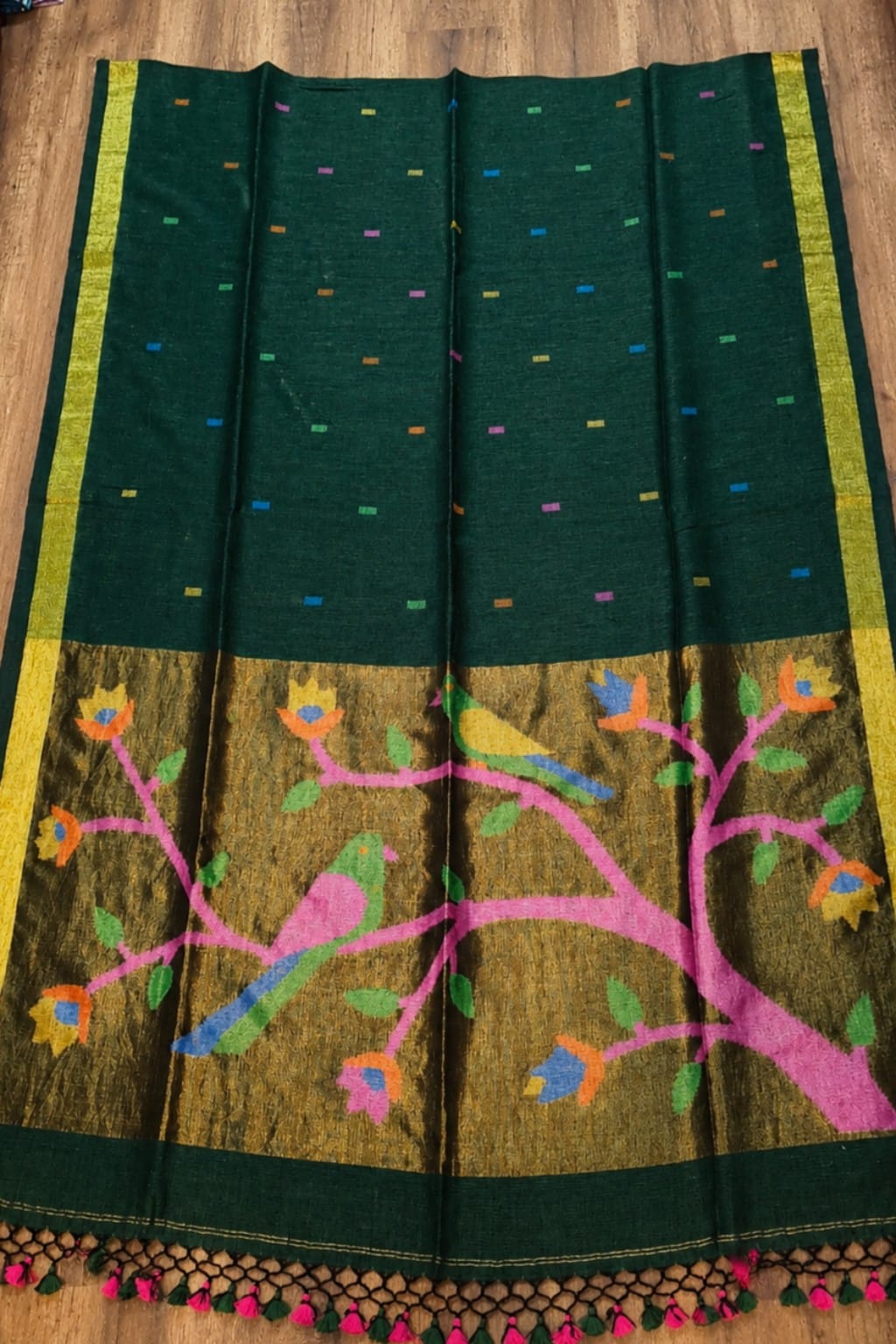 Emerald Green Linen Paithani Bird & Floral Pallu Saree