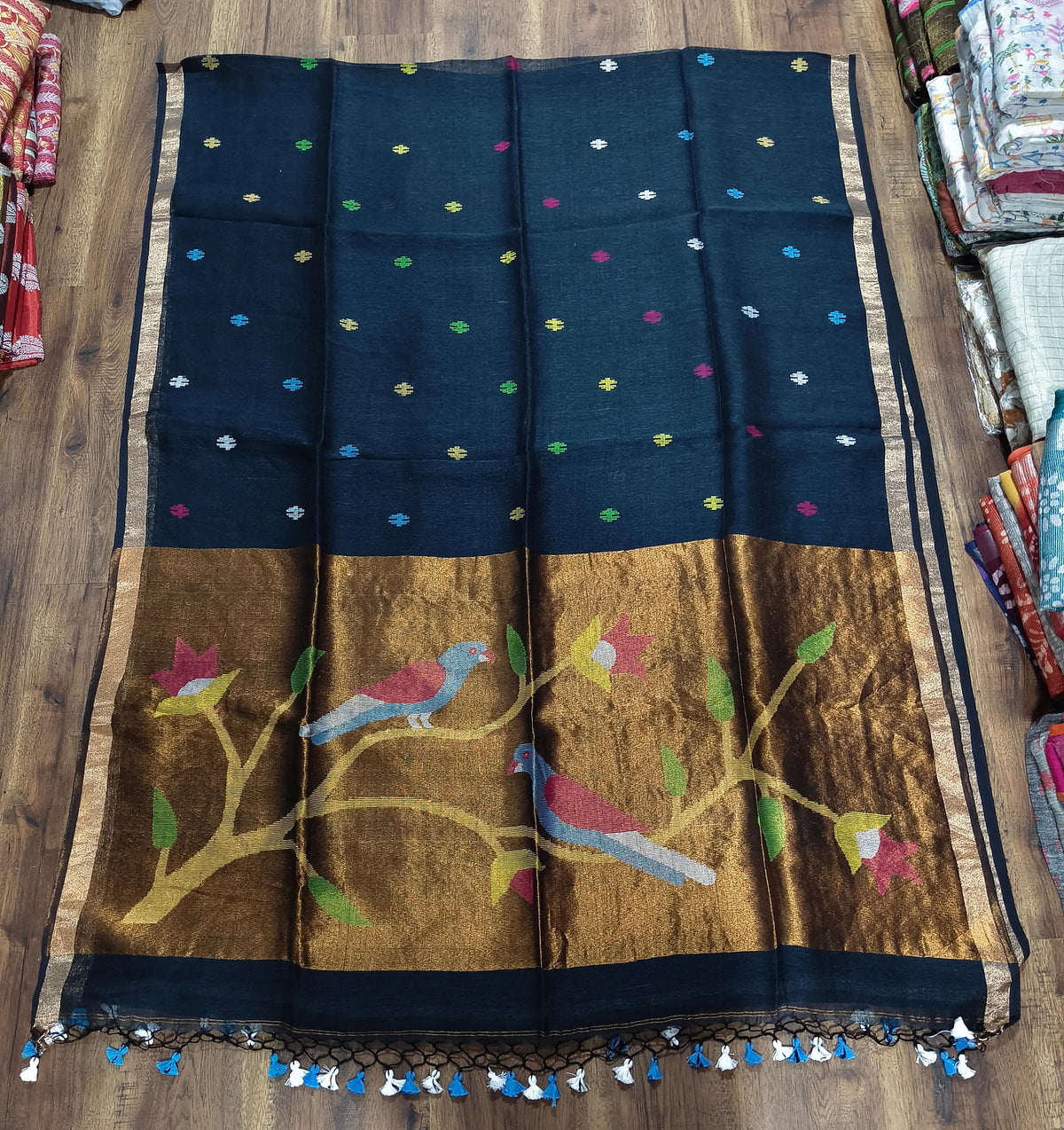 Navy Blue Linen Paithani Bird & Floral Pallu Saree