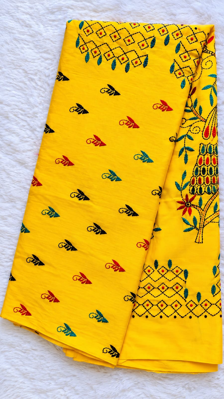 Yellow Cotton Handmade Katha Stitch Saree