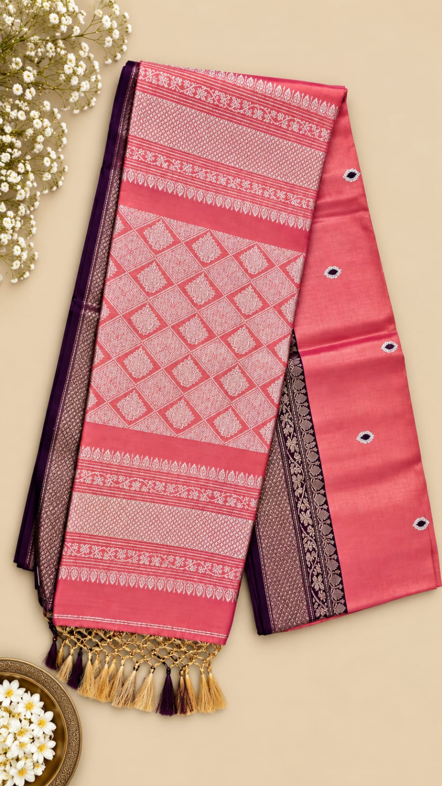 Coral Pink & Purple Premium Linen Tissue Banarasi Saree