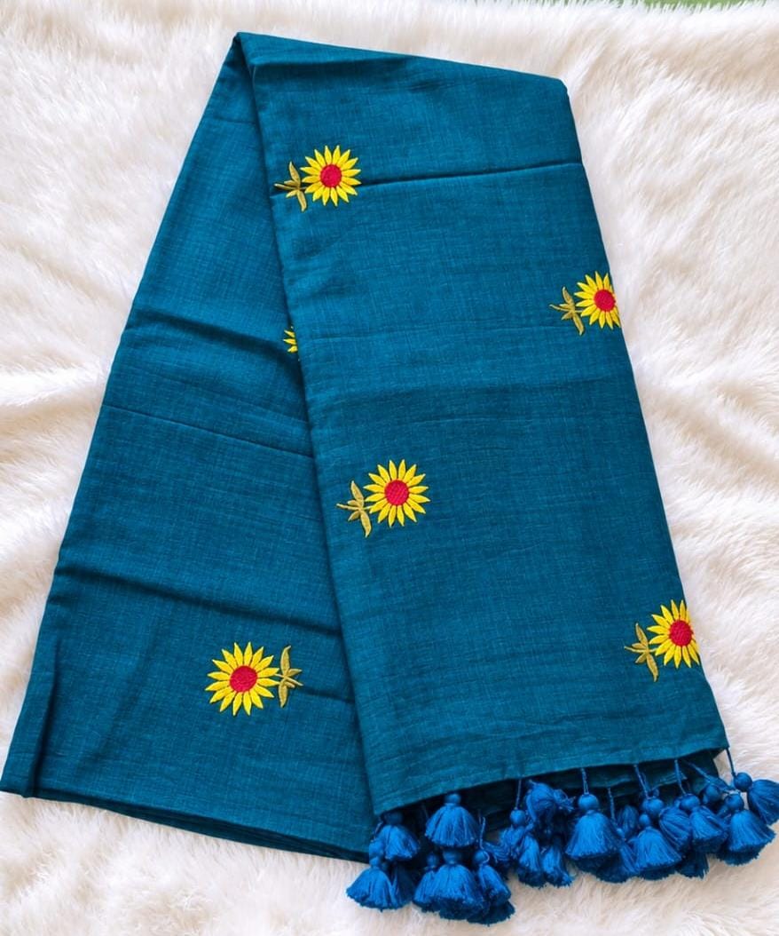 Teal Blue Mulmul Sunflower Embroidered Saree