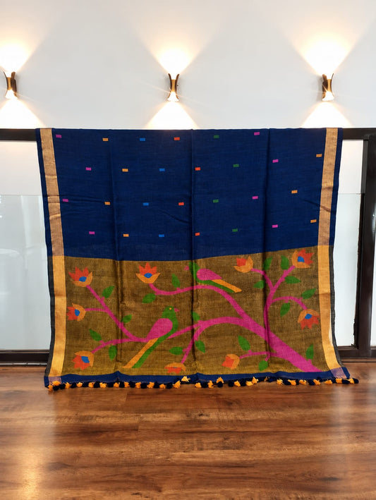 Royal Blue Linen Paithani Bird & Floral Pallu Saree
