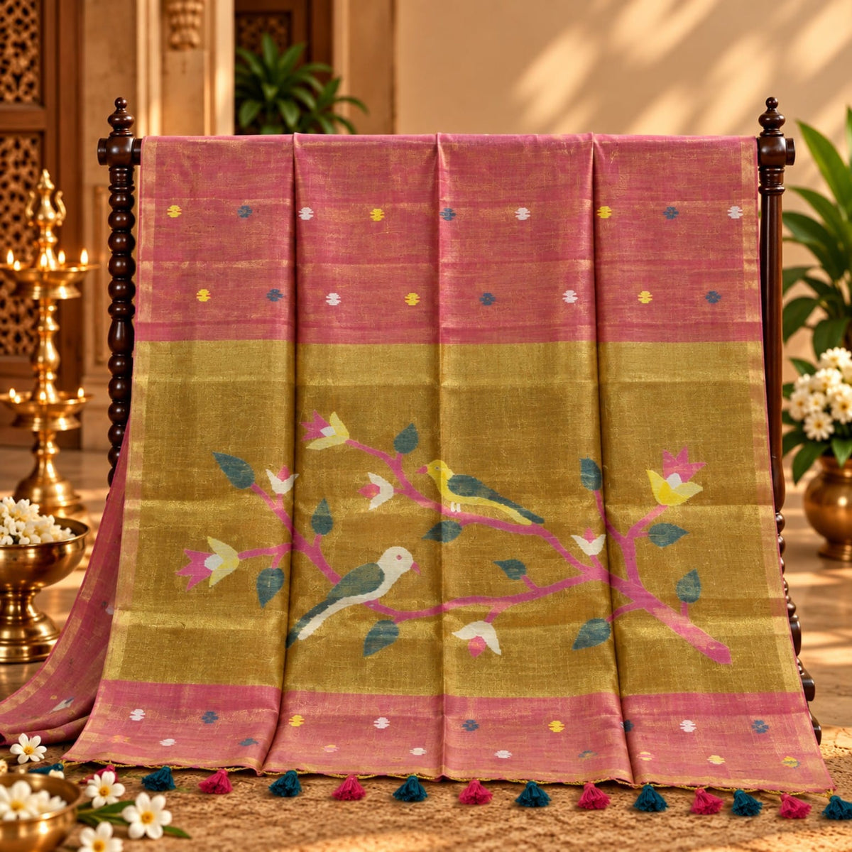 Rose Pink Linen Paithani Bird & Floral Pallu Saree