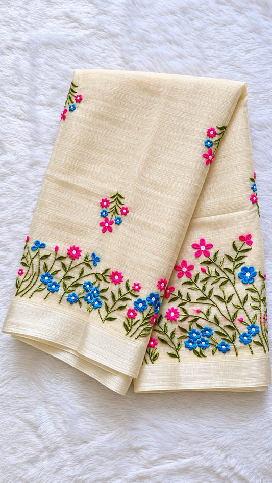 Beige Kota Doriya Floral Embroidered Saree