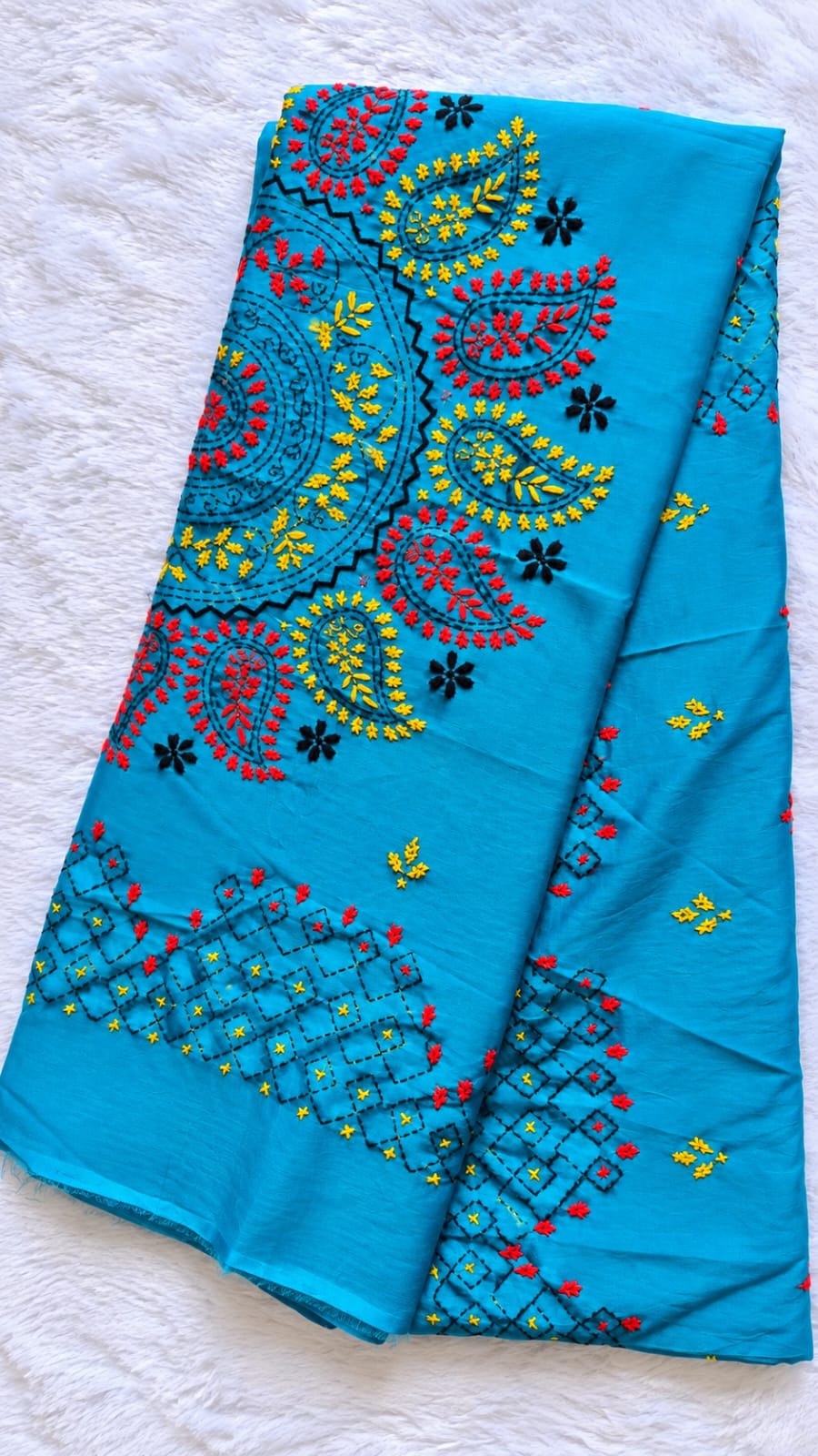 Aqua Blue Cotton Handmade Katha Stitch Saree