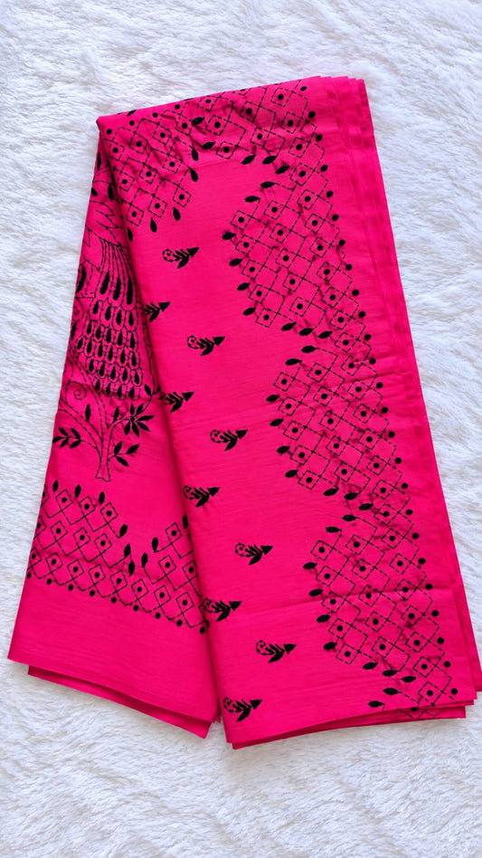 Pink Cotton Handmade Katha Stitch Saree