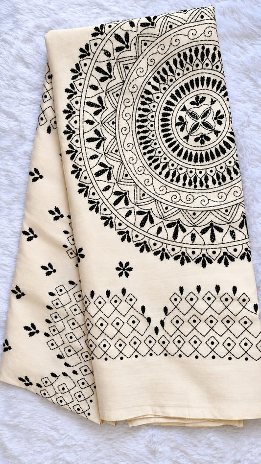 Ivory Cotton Handmade Katha Stitch Saree