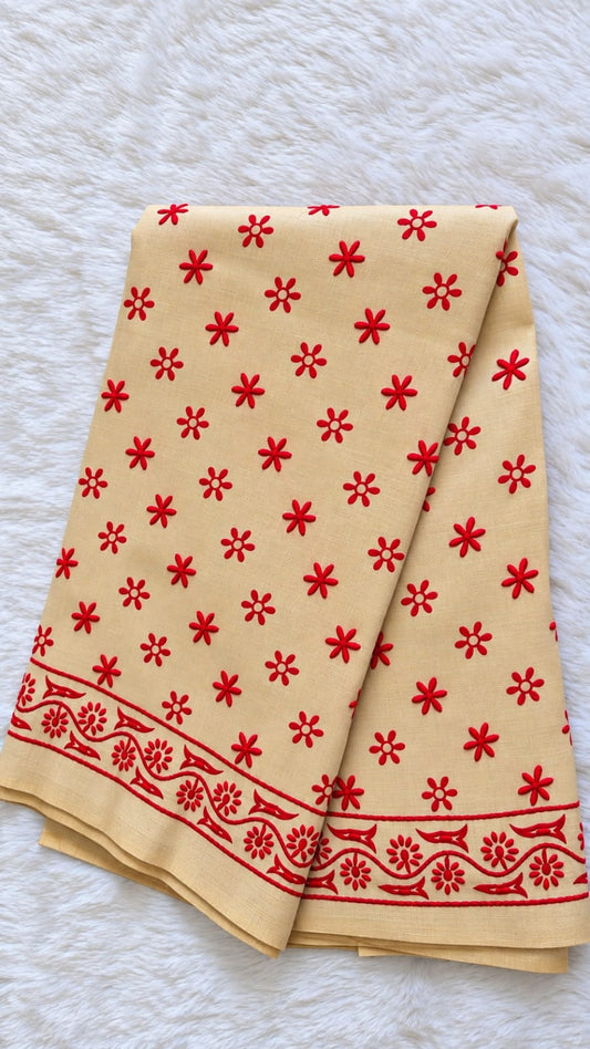 Beige Semi Tussar Handmade Katha Stitch Saree