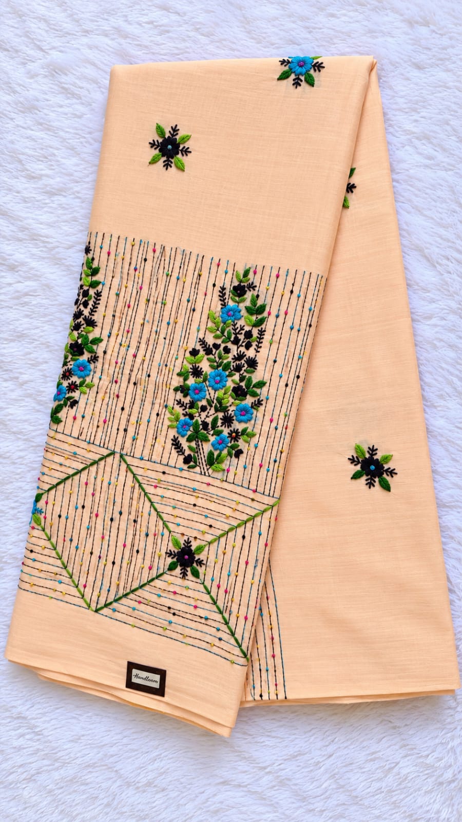 Peach Semi Tussar Handmade Katha Stitch Saree