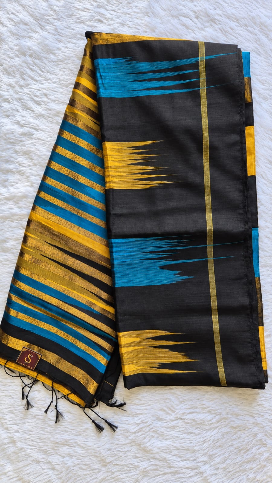 Cotton Silk Ikkat Saree – Black, Blue & Yellow