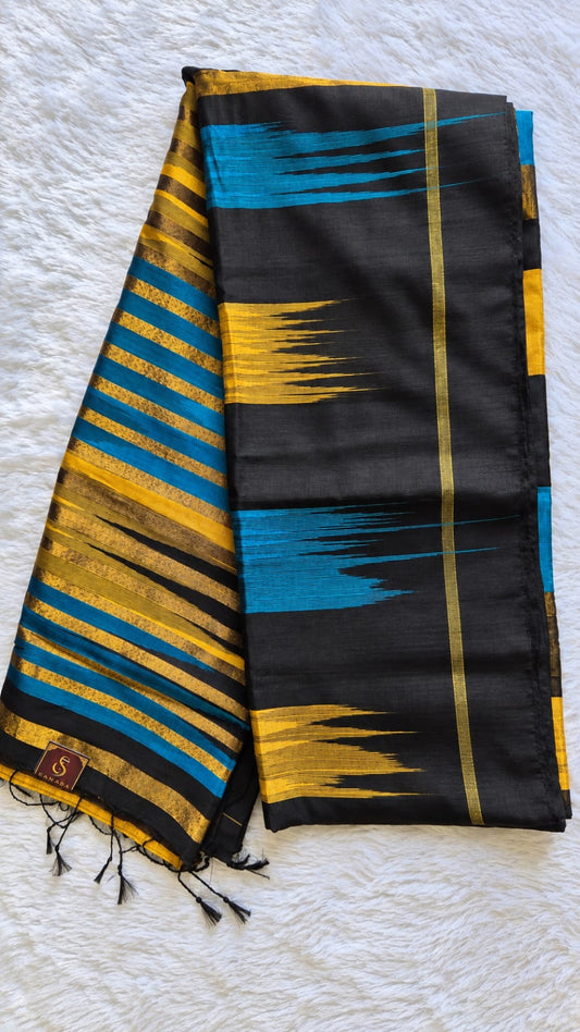 Cotton Silk Ikkat Saree – Black, Blue & Yellow
