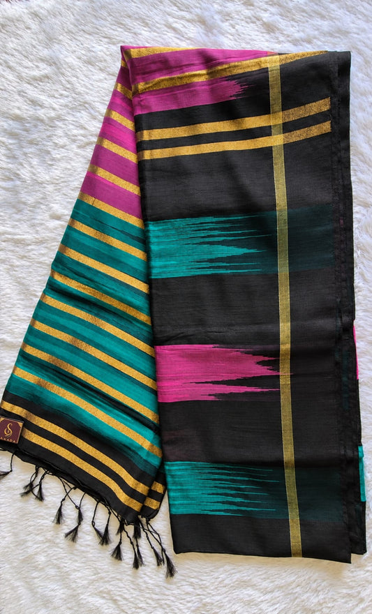 Cotton Silk Ikkat Saree – Black, Teal & Pink
