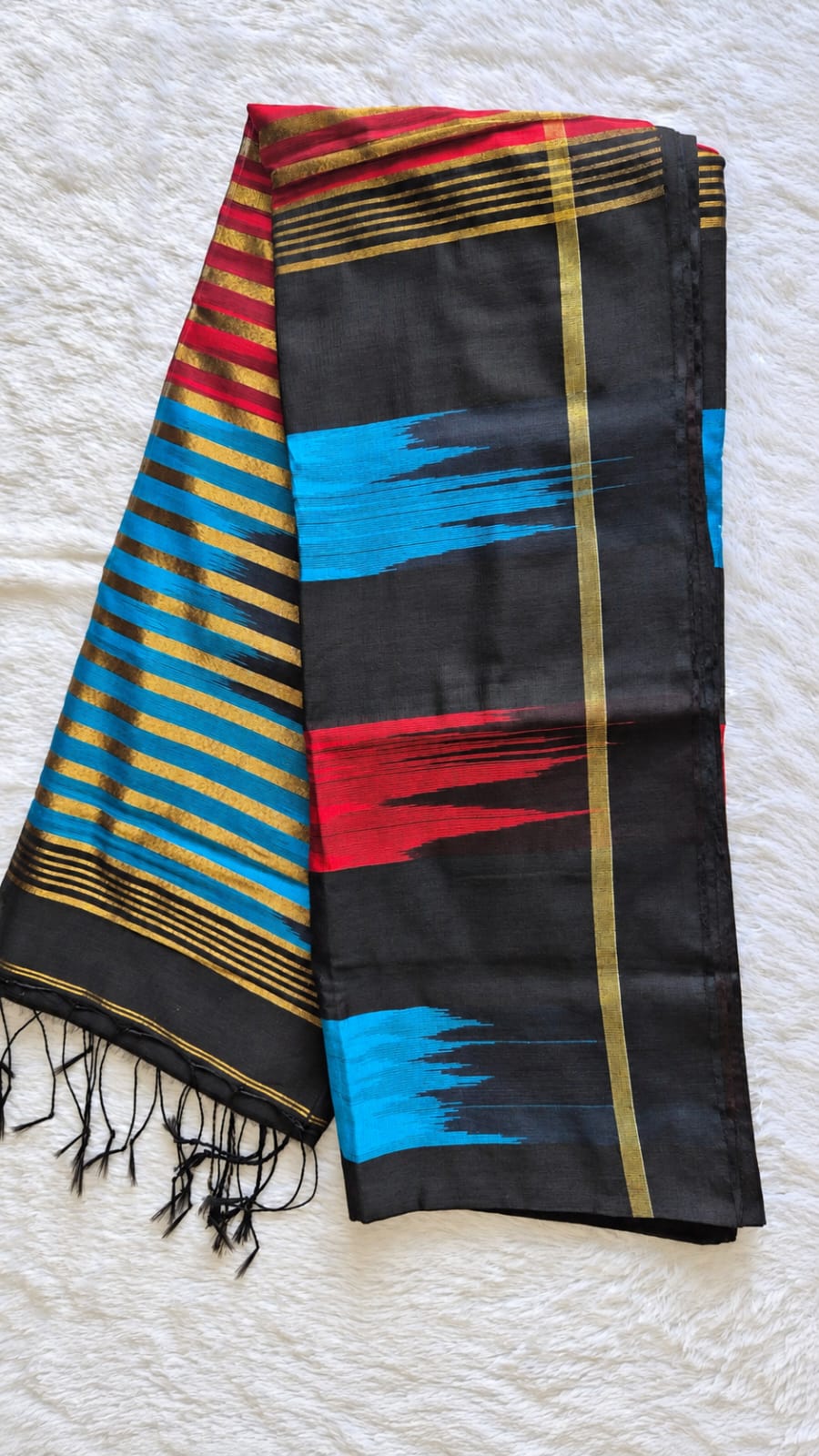 Cotton Silk Ikkat Saree – Black, Blue & Red