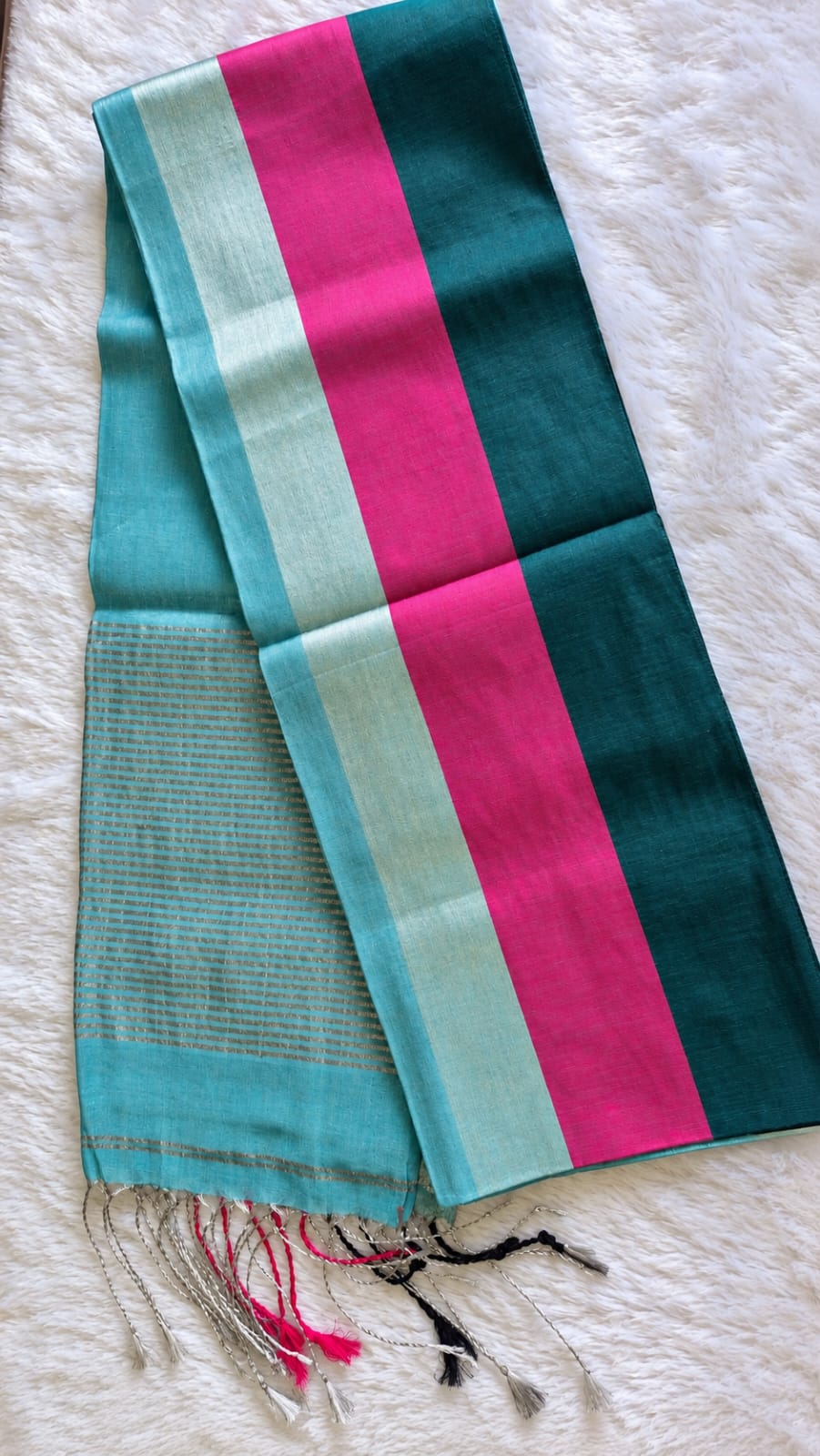 Linen Tissue Border Saree – Aqua Blue, Pink & Teal