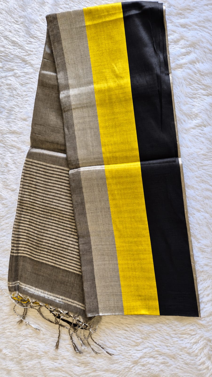 Linen Tissue Border Saree – Grey, Yellow & Black