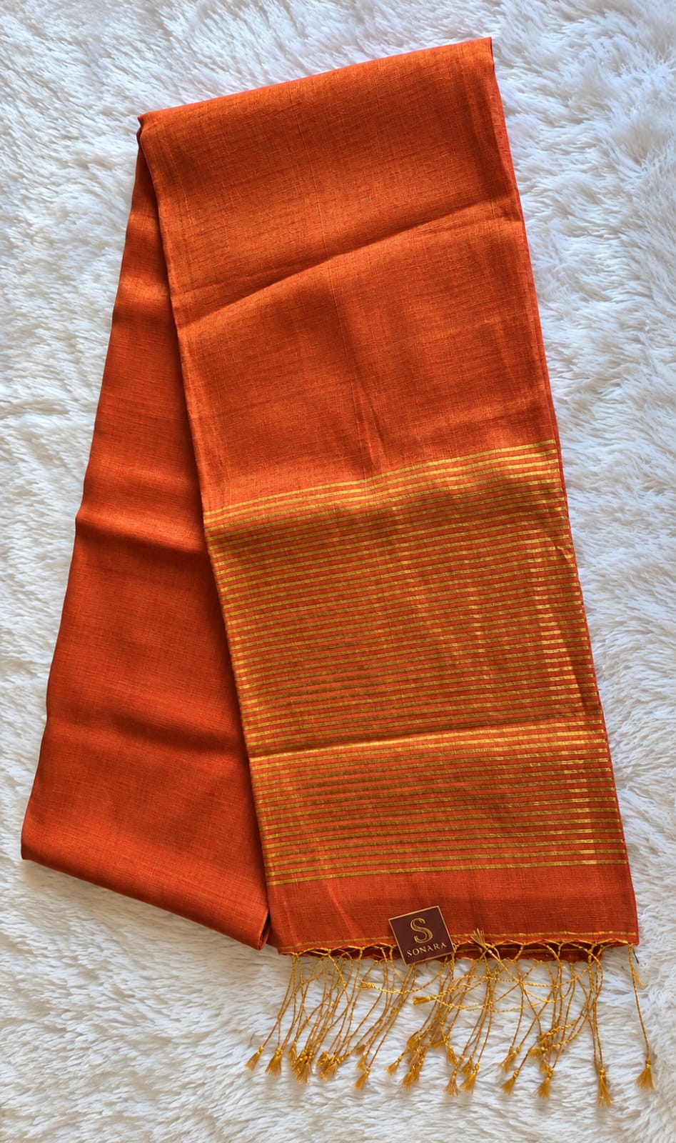 Linen Tissue Striped Pallu Saree – Rust Orange