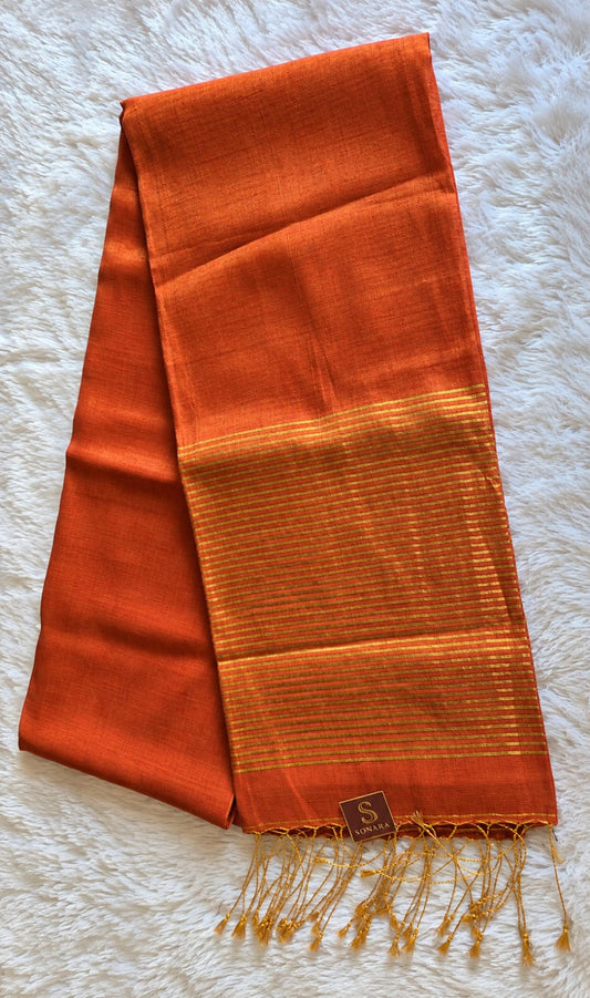 Linen Tissue Striped Pallu Saree – Rust Orange