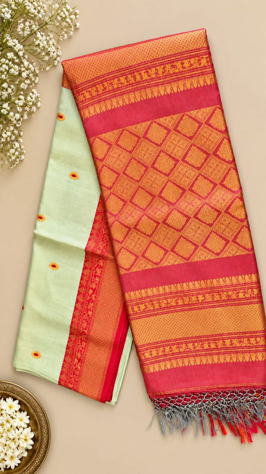 Mint Green & Red Premium Linen Tissue Banarasi Saree