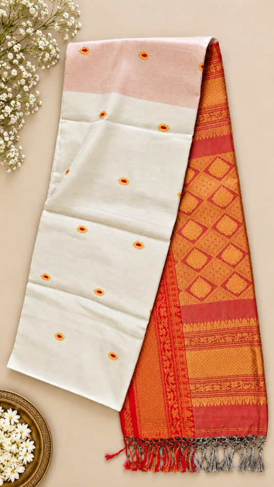 Ivory & Red Premium Linen Tissue Banarasi Saree
