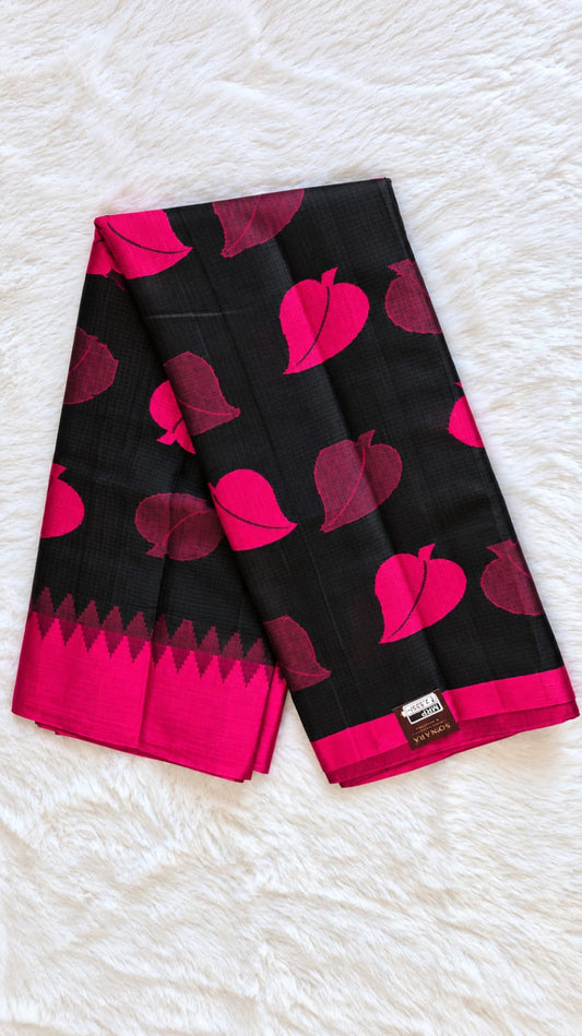 Black & Fuchsia Kota Doriya Leaf Motif Saree