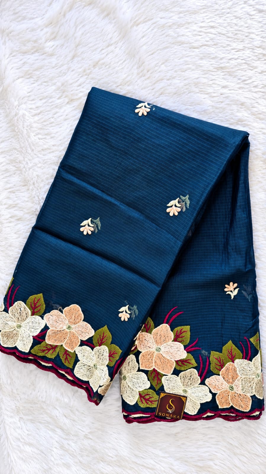 Teal Blue Kota Doriya Floral Embroidered Saree