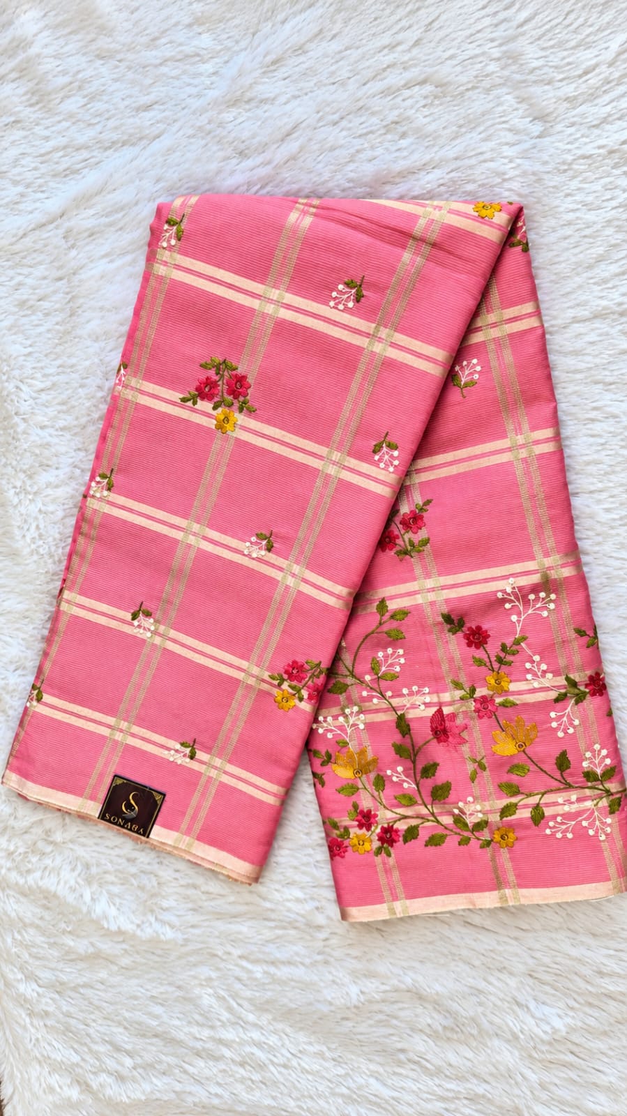 Pink Kota Doriya Floral Check Saree