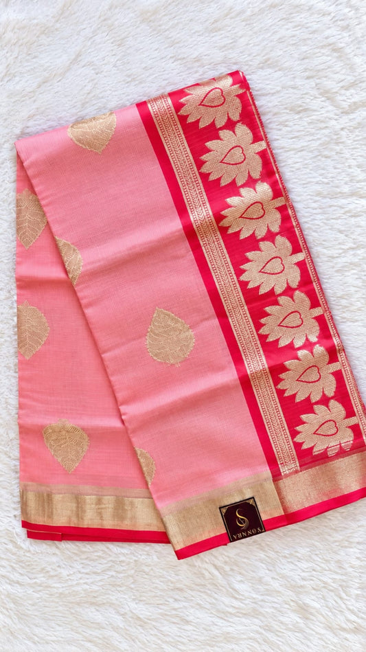 Blush Pink Kota Doriya Zari Floral Border Saree