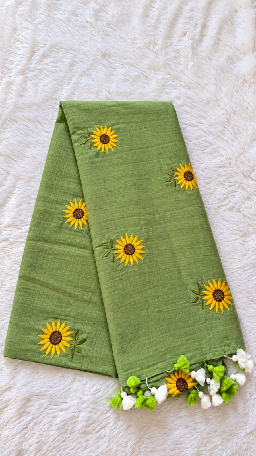 Sage Green Mulmul Sunflower Embroidered Saree