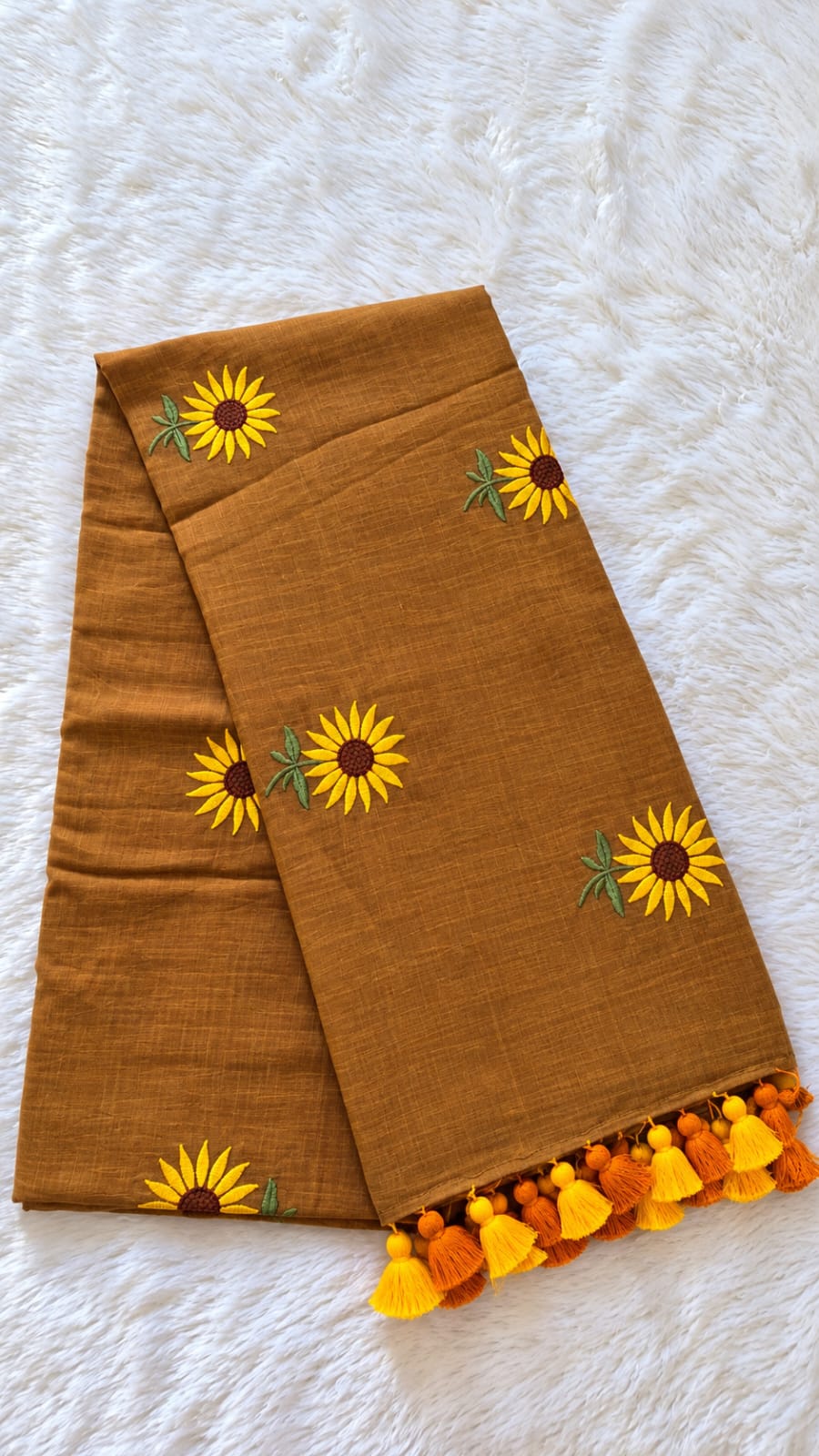 Rust Brown Mulmul Sunflower Embroidered Saree