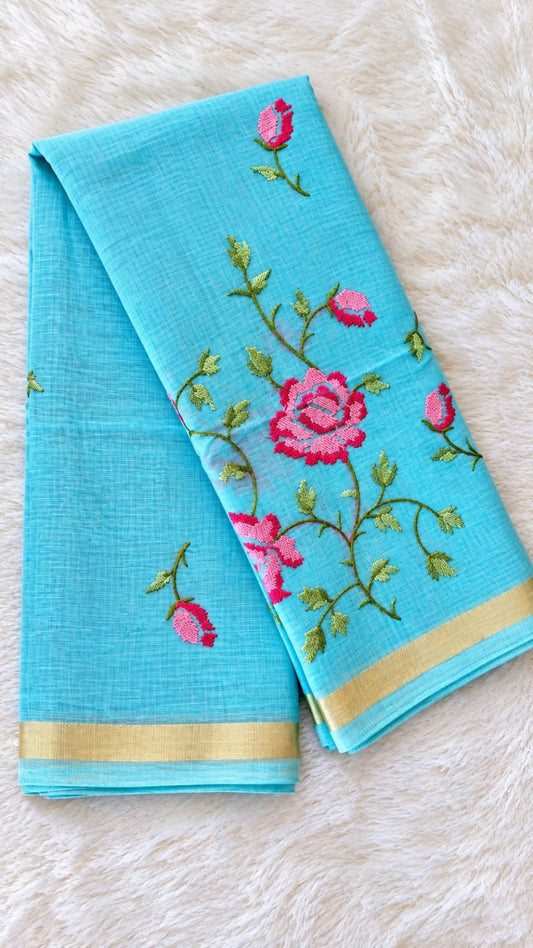 Aqua Blue Kota Doriya Floral Embroidered Saree