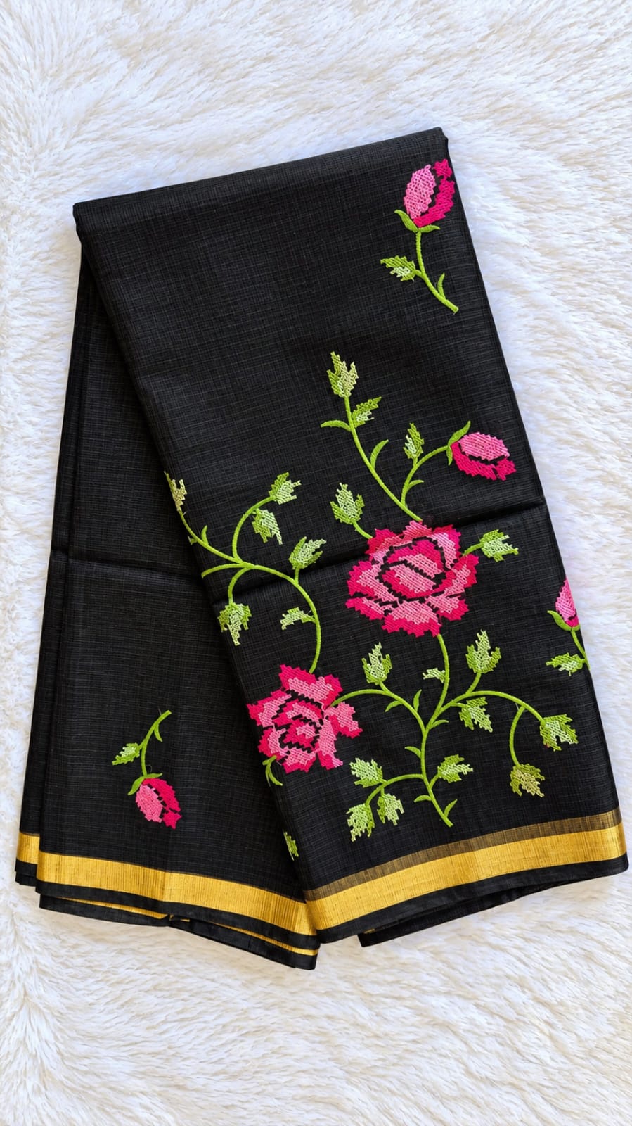 Black Kota Doriya Floral Embroidered Saree
