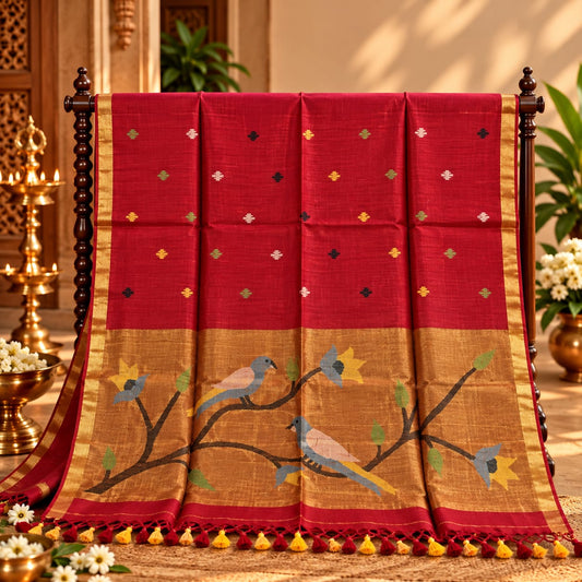 Red Linen Paithani Handloom Saree