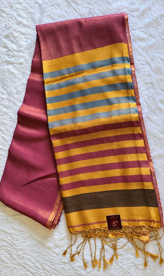 Linen Tissue Contrast Striped Pallu Saree – Maroon